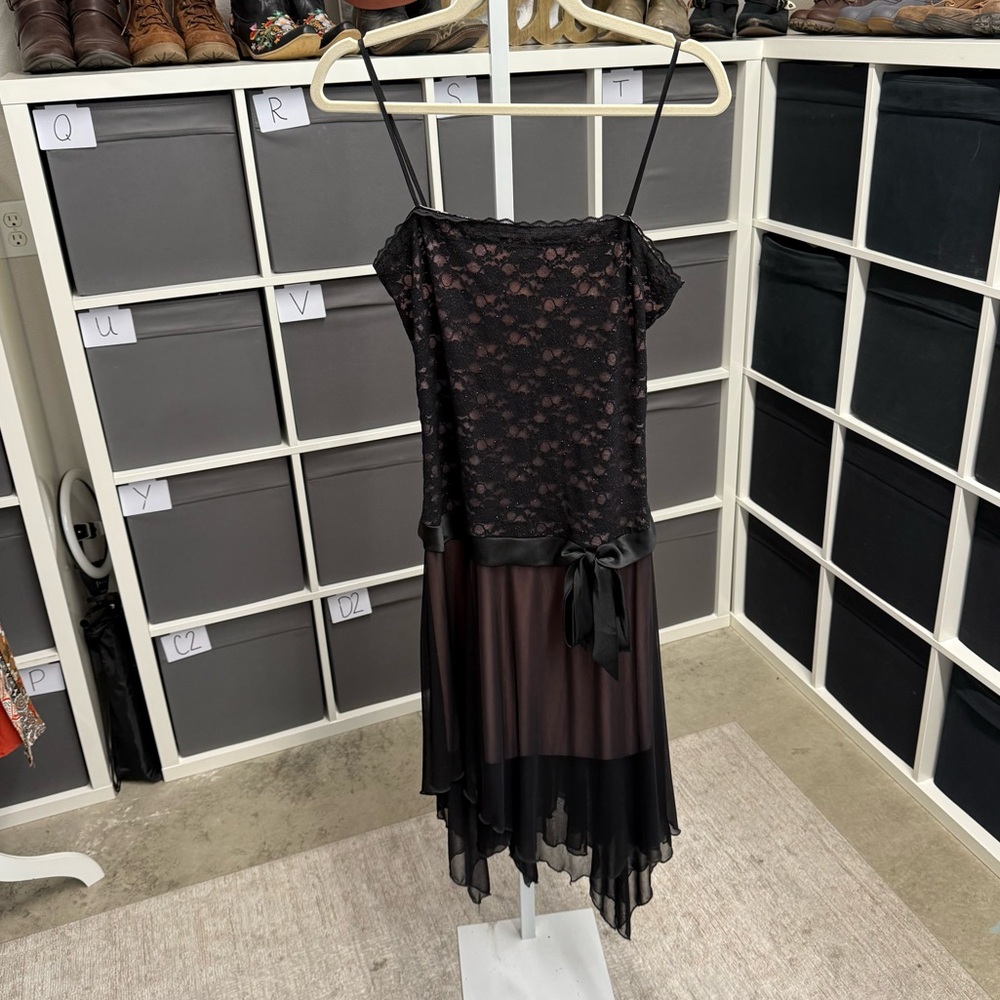 Napoli Vintage Whimsigoth Fairycore Pink & Black Lace Slip Dress with Bow Detail